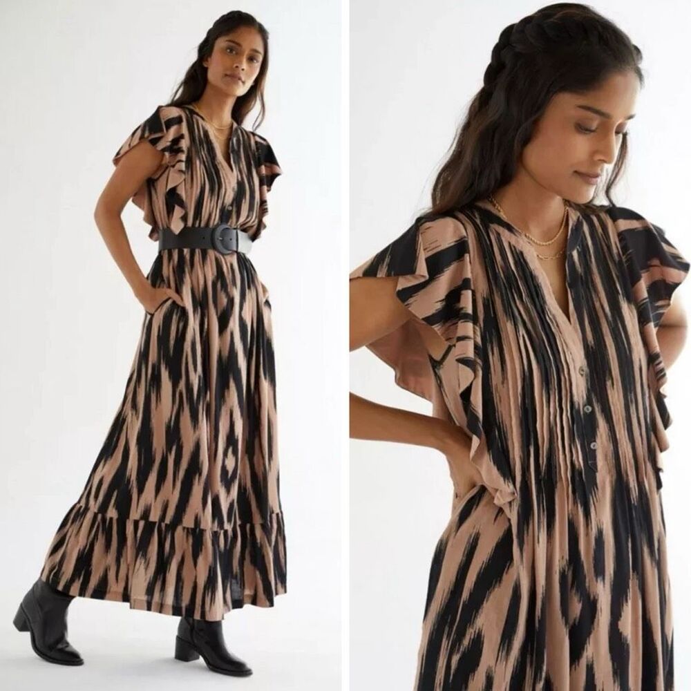 Anthropologie Maeve The Cassandra Maxi Dress Size XS Tan Black Flutter Sleeve